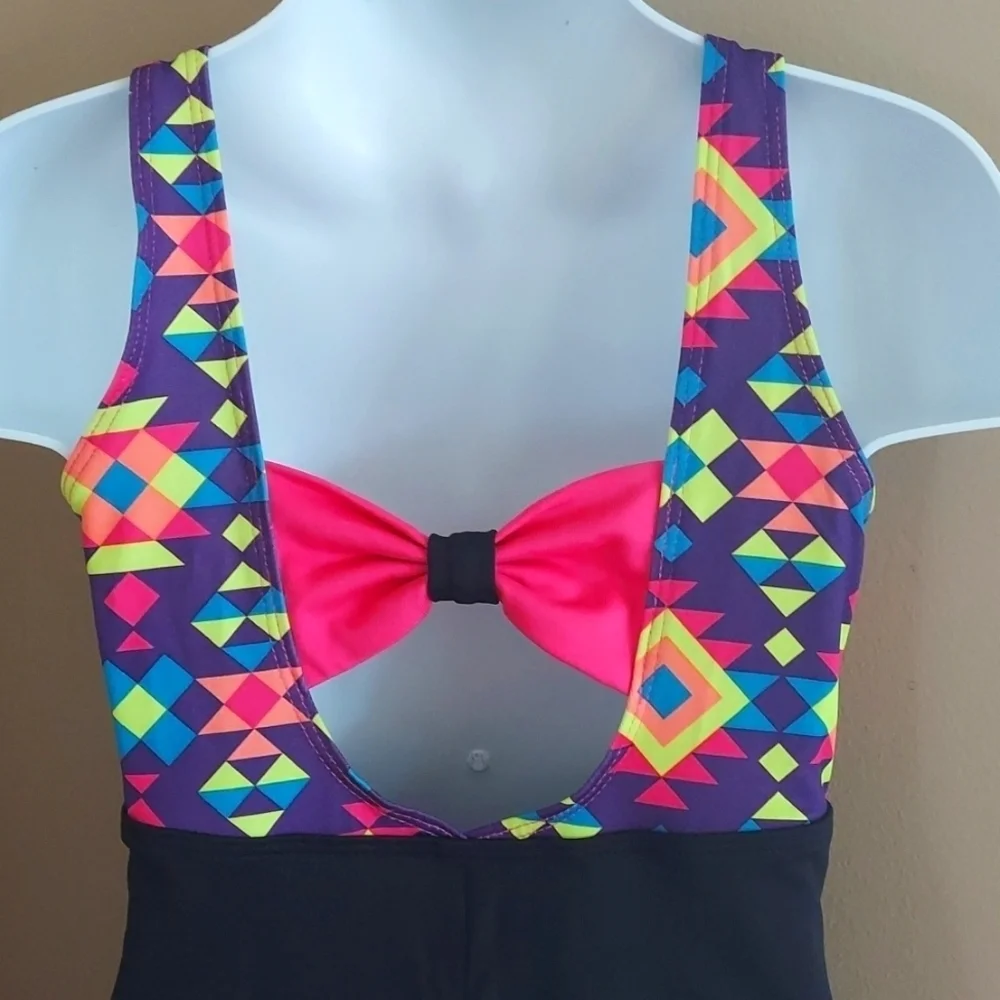 Circo bow Leotard Dance Gymnastics Cheer - multicolor black pink - sz S (6/6X)